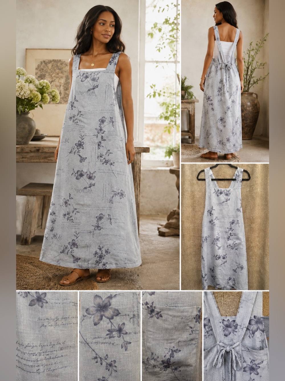 Sweet Jessie 100% Linen Lagenlook Cottagecore Garden Floral Maxi Dress XL